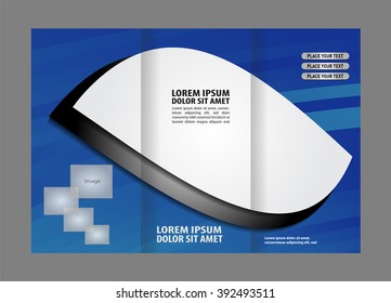 Vector modern blue tri-fold brochure design template with colorful abstract 3d background
