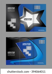 Vector modern blue tri-fold brochure design template with colorful abstract 3d background
