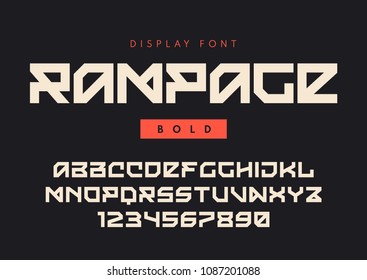 Vector modern bold display font named Rampage, blocky typeface, futuristic uppercase letters and numbers, alphabet. Global swatches.