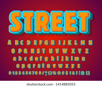 Vector of modern bold font and alphabet.  Alphabet in style of comics, pop art. Multilayer funny colorful 3d letters and figures for decoration of kids' illustrations, websites, posters