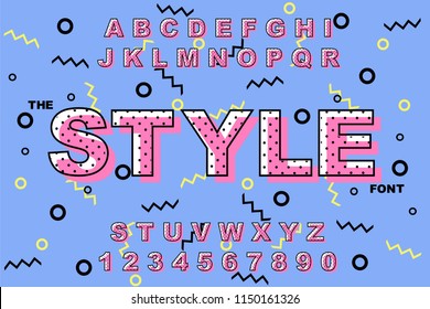 Vector of modern bold font. Dots alphabet. Vintage Alphabet vector 80's, 90's Old style graphic set. Retro Chiseled Alphabet Vector Font. Type letters, numbers. 