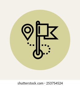 Vector modern bold line icon on travel route and navigation with start and finish point featuring flag pole and geographic location pin