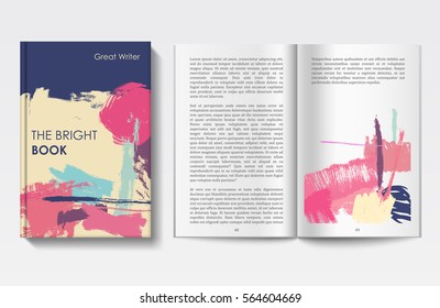 Vector modern book cover and pages, grunge brush art cover, book template, painted design