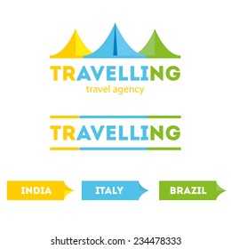 Vector modern bright flat travel company tent minimalistic logo with identity elements