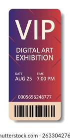 Vector modern bright vertical VIP ticket with vibrant gradient, date, barcode. Use design template for digital art exhibitions, NFT, concerts, festivals, parties and exclusive premium events