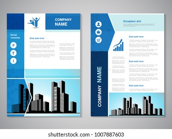 Vector modern brochure, abstract flyer with background of buildings. City scene. Layout template. For A4 size. Poster of blue, yellow and white color. Magazine cover.