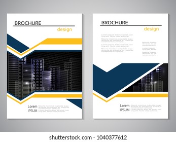 Vector modern brochure, abstract flyer with background of buildings. City scene. Layout template. Poster of blue, yellow and white color. Magazine cover.