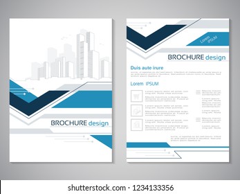 Vector modern brochure, abstract flyer with background of buildings. City scene. Layout template. Aspect Ratio for A4 size. Poster of blue, grey, black and white color. Magazine cover.
