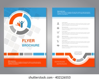 Vector modern brochure, abstract flyer with simple squared design. Layout template. Aspect Ratio for A4 size. Poster of blue, orange, gray and white color. Magazine cover with human symbol.