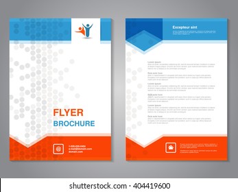 Vector modern brochure, abstract flyer with simple dotted design. Layout template with arrows. Aspect Ratio for A4 size. Poster of blue, orange, grey and white color. Magazine cover.
