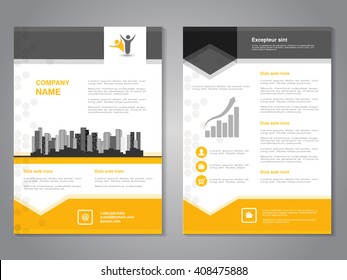 Vector modern brochure, abstract flyer with background of monochrome buildings. Layout template. Aspect Ratio for A4 size. Poster of yellow, grey, black and white color. Magazine cover.
