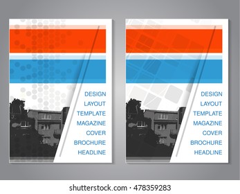 Vector modern brochure, abstract flyer with background of monochrome buildings. Layout template. Aspect Ratio for A4 size. Poster of blue, orange, grey, black and white color. Magazine cover.
