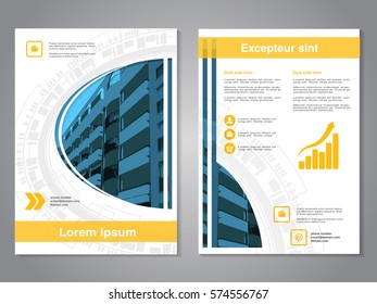 Vector modern brochure, abstract flyer with background of buildings. Layout template. Poster of blue, yellow, grey, black and white color.
