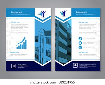 Vector modern brochure, abstract flyer with background of buildings. Layout template. Poster of blue, dark blue, grey, black and white color. Magazine cover.
