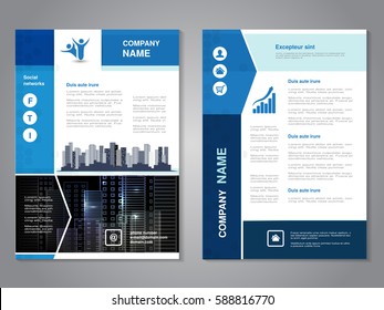 Vector modern brochure, abstract flyer with background of buildings. City scene. Layout template. Poster of blue, grey, black and white color. Magazine cover.
