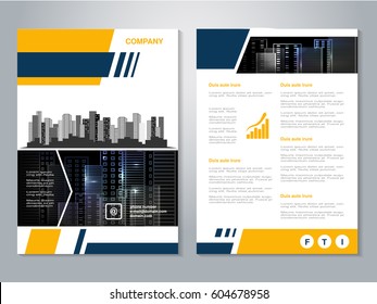 Vector modern brochure, abstract flyer with background of buildings. City scene. Layout template. Poster of yellow, dark blue, black and white color. Magazine cover.
