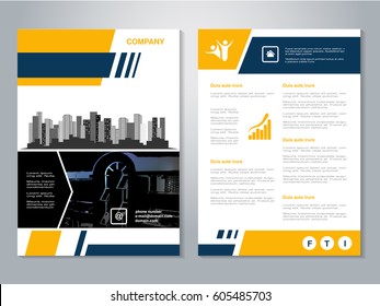 Vector Modern Brochure, Abstract Flyer With Background Of Buildings. City Scene. Layout Template. Poster Of Yellow, Dark Blue, Black And White Color. Magazine Cover.
