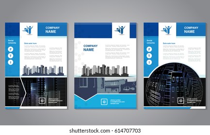 Vector modern brochure, abstract flyer with background of buildings. City scene. Layout template. Poster of blue, grey, black and white color. Magazine cover.
