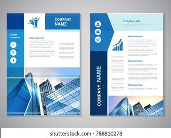 Vector modern brochure, abstract flyer with background of buildings. City scene. Layout template. For A4 size. Poster of blue and white color. Magazine cover.