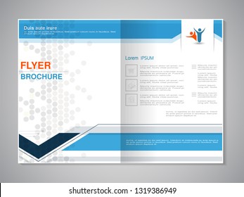 Vector modern brochure. Annual report, flyer with technology background, dotted design. Layout template. Dark blue, blue, orange, grey, white color. Magazine cover. Trendy minimalist geometric design.