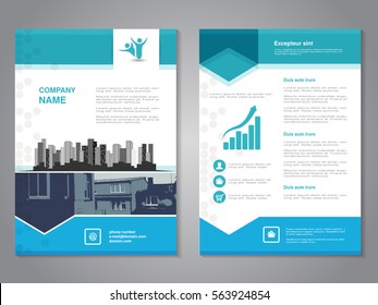 Vector modern brochure with arrow design, abstract flyer with background of monochrome buildings. Layout template.