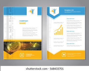 Vector modern brochure with arrow design, abstract flyer with technology background. Layout template. Poster of blue, yellow, grey and white color. 
