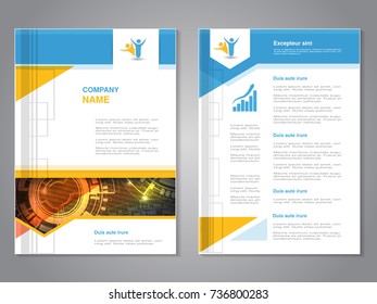 Vector modern brochure with arrow design, abstract flyer with technology background. Layout template. Poster of blue, yellow, red and white color. Magazine cover.
