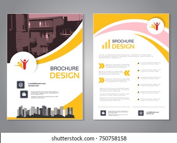 Vector modern brochure design, abstract flyer with background of houses. Layout template with city. Poster of pink, yellow and white color. Magazine cover.