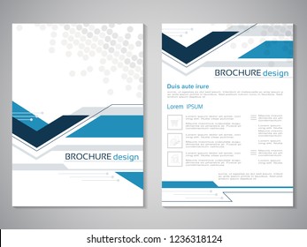 Vector modern brochure. Design of annual report, abstract technology flyer, geometry background. Layout template with dotted design. Poster of dark blue, blue, grey and white color. Magazine cover.