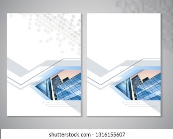Vector modern brochure, flyer with background of buildings. City scene. Layout template. A4 size. Poster of blue, grey, black and white color. Magazine cover. Trendy minimalist geometric design