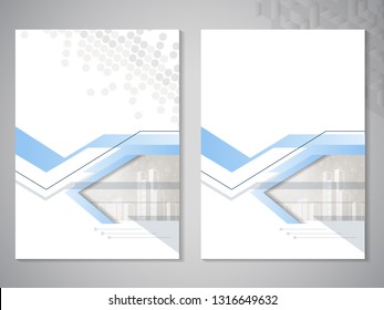 Vector modern brochure, flyer with background of buildings. City scene. Layout template. A4 size. Poster of blue, grey, black and white color. Magazine cover. Trendy minimalist geometric design.
