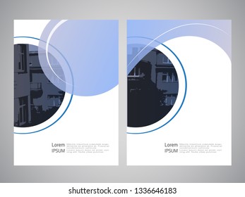 Vector modern brochure, flyer with background of buildings. City scene. Layout template. A4 size. Poster of blue, grey, black, white color. Geometric magazine cover.
