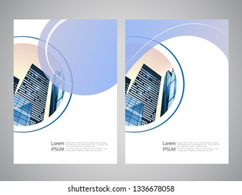 Vector modern brochure, flyer with background of buildings. City scene. Layout template. A4 size. Poster of blue, grey, white color. Geometric.  Magazine cover with rounded design for photo.
