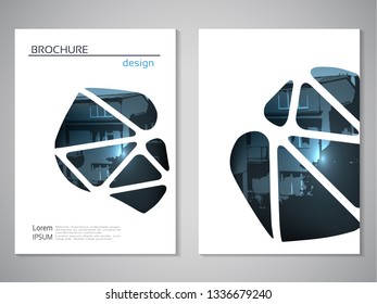 Vector modern brochure, flyer with background of buildings. City scene. Layout template. A4 size. Poster of blue, grey, white color. Geometric magazine cover.
