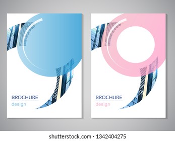 Vector modern brochure, flyer with background of buildings. City scene. Layout template. A4 size. Poster of pink, blue, grey, white color. Geometric.  Magazine cover with rounded design.