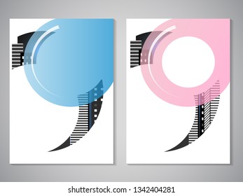 Vector modern brochure, flyer with background of buildings. City scene. Layout template. A4 size. Poster of pink, blue, grey, white color. Geometric.  Magazine cover with rounded design.