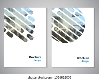 Vector modern brochure, flyer with background of city street. Layout template. For A4 size. Poster of blue, yellow, grey, black and white color. Magazine cover. Striped lines. 