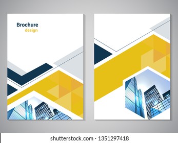 Vector modern brochure, flyer with futuristic hexagon background. Layout template, city scene. Poster of dark blue, grey, yellow, white. Geometric magazine cover, arrow, triangle design with buildings