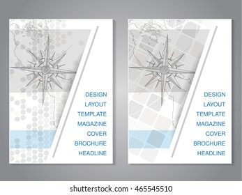 Vector modern brochure with hand draw map and compass design, flyer with grey dotted background.  Layout template. Aspect Ratio for A4 size. Poster of blue, grey and white color. Magazine cover.