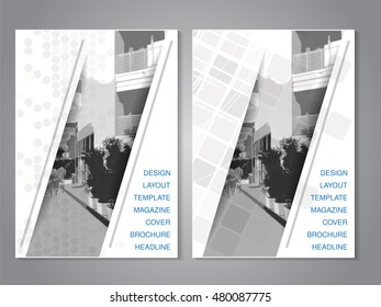Vector modern brochure with strip design, abstract flyer with background of monochrome city street. Layout template. Aspect Ratio for A4 size. Poster of grey, black and white color.
