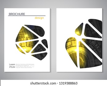 Vector modern brochure, technology design, flyer with futuristic background. Layout template. Binary code and gear wheel. Poster of yellow, black, white color. Geometric magazine cover, triangle desig