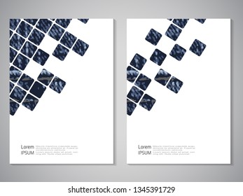 Vector modern brochure, technology design, flyer with futuristic cube background. Layout template. Jeans texture. Poster of blue, dark blue, white color. Geometric magazine cover, square design.