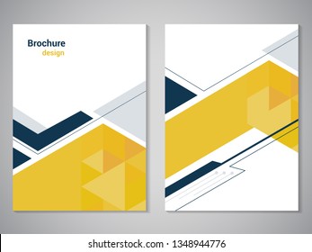 Vector modern brochure, technology design, flyer with futuristic hexagon background. Layout template. Poster of dark blue, grey, yellow, white color. Geometric magazine cover, arrow, triangle design.