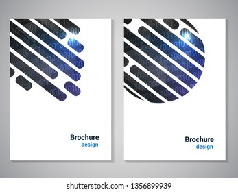 Vector modern brochure, technology design, flyer with futuristic blue background. Layout template with binary code. Poster of dark blue, black, white color. Geometric magazine cover. Striped line