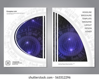 Vector modern brochure with technology design, abstract flyer with background of binare code and wheels. Layout template. Poster of blue, black, grey and white color. Magazine cover.
