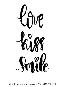 Vector Modern Brush Calligraphy Quote Vertical banner. Love Kiss Smile Hand Lettering Simple Phrase and small heart on white background