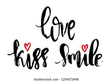 Vector Modern Brush Calligraphy Quote. Love Kiss Smile Hand Lettering Simple Phrase and small heart on white background