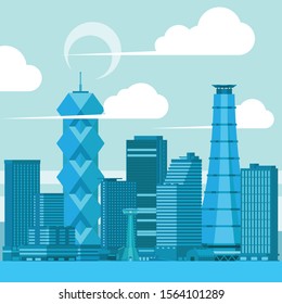 vector modern building in daytime city with clouds and crescent moon flat design