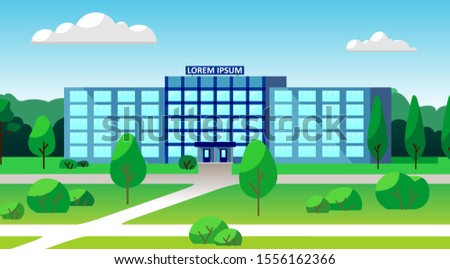 Vector modern building of university, academy, college, library, museum, bank, office building with a park around. Landscape with a high-rise building and trees.