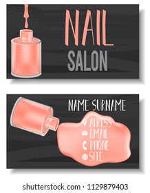 Vector modern business card template set with realistic, mesh gradient nail polish bottles. Front page and back page template with opened nail polish bottle with paint splashes. Vector illustration